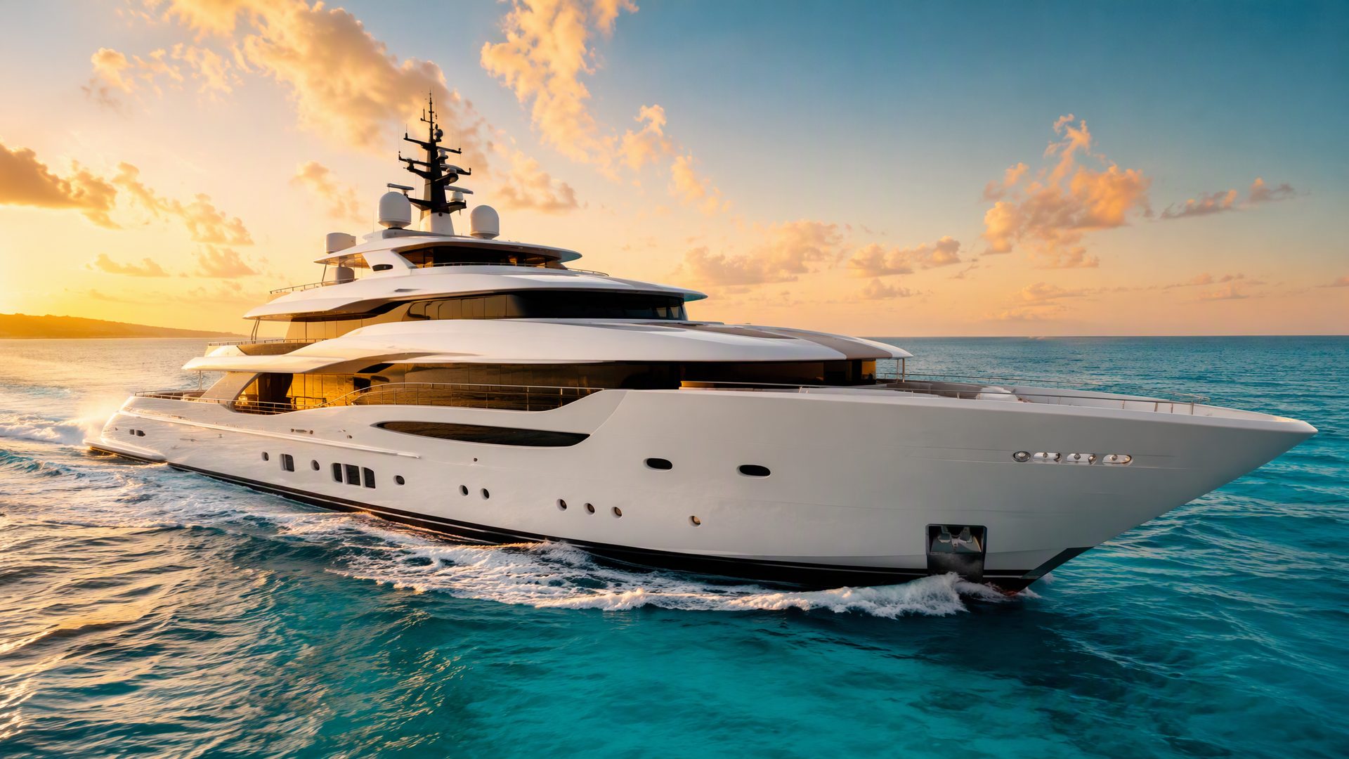 Luxury superyacht cruising on open turquoise sea at golden hour