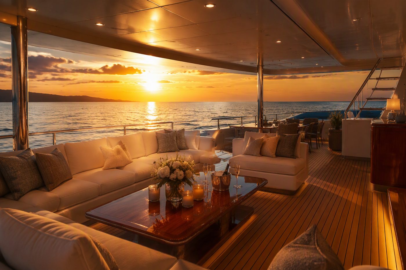 Golden Horizon — luxury yacht aft deck lounge at sunset with plush sofas and champagne