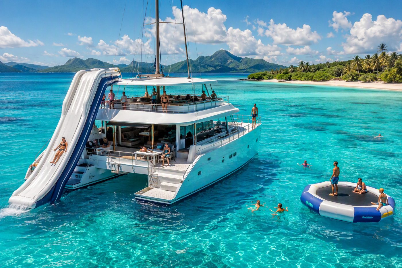 Island Splash — party catamaran with inflatable water slide and floating trampoline in a tropical lagoon