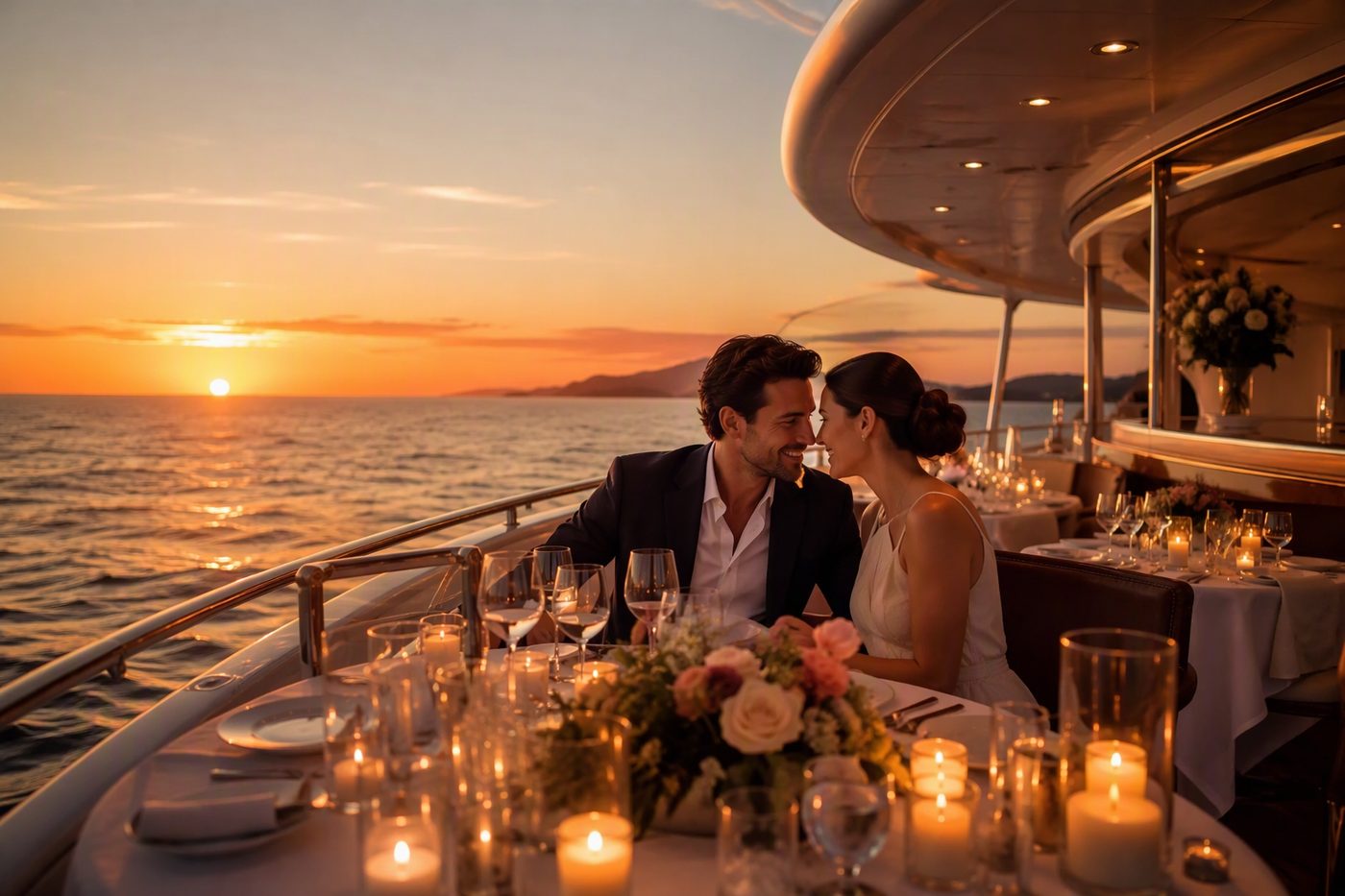 Amore — romantic sunset dinner cruise with candlelit tables on a luxury yacht deck