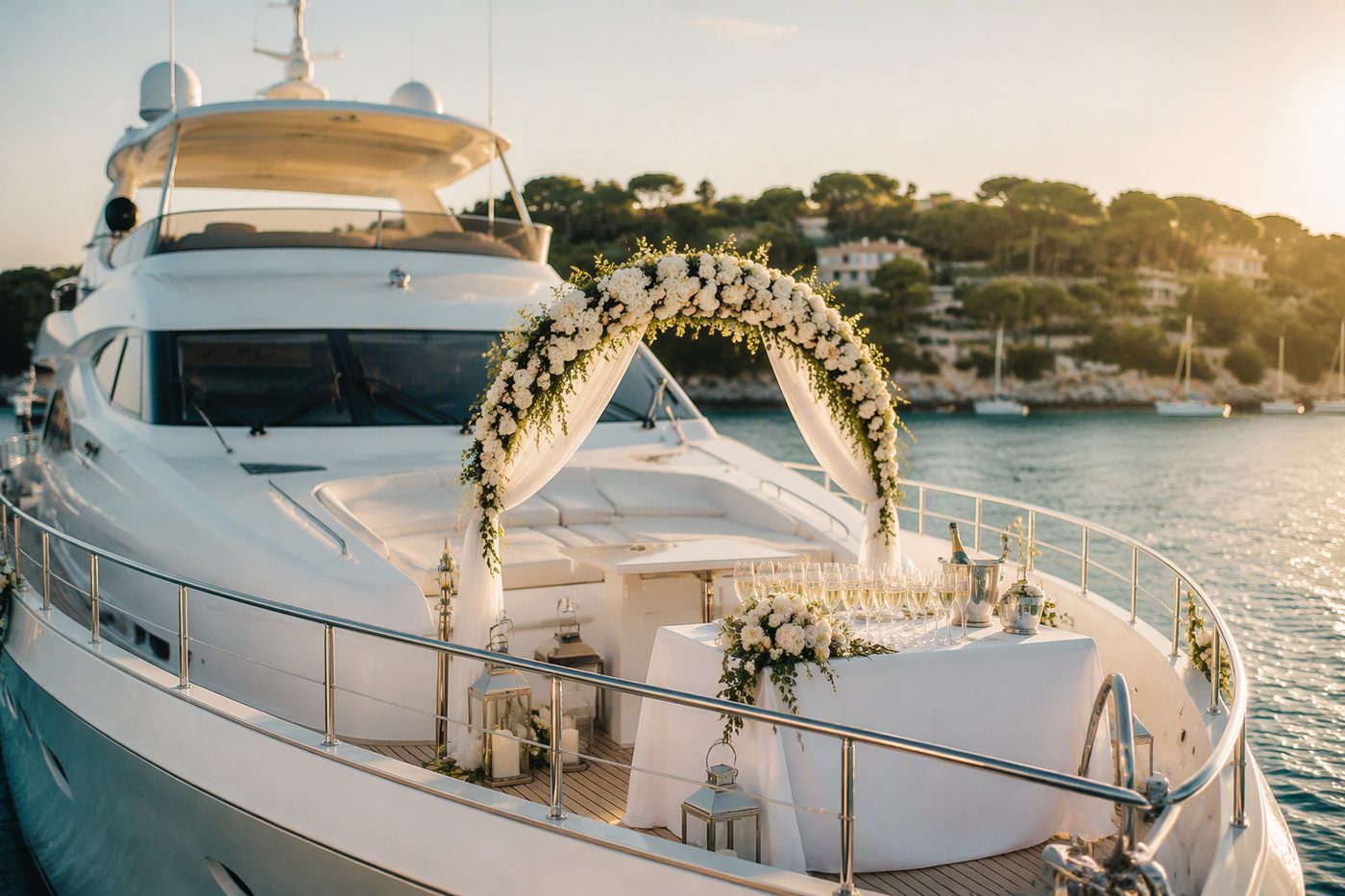 Ever After — elegant white luxury yacht decorated for a wedding celebration with a floral arch on the bow