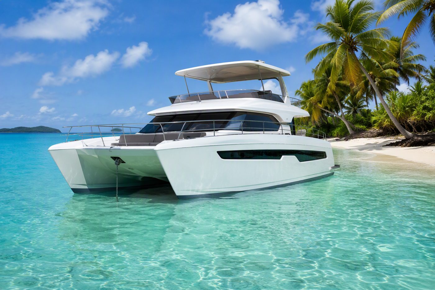 Twin Horizon — modern luxury power catamaran anchored in a turquoise lagoon